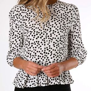 Sass Australia black and white polka dot peplum blouse with 3/4 sleeves. US 2